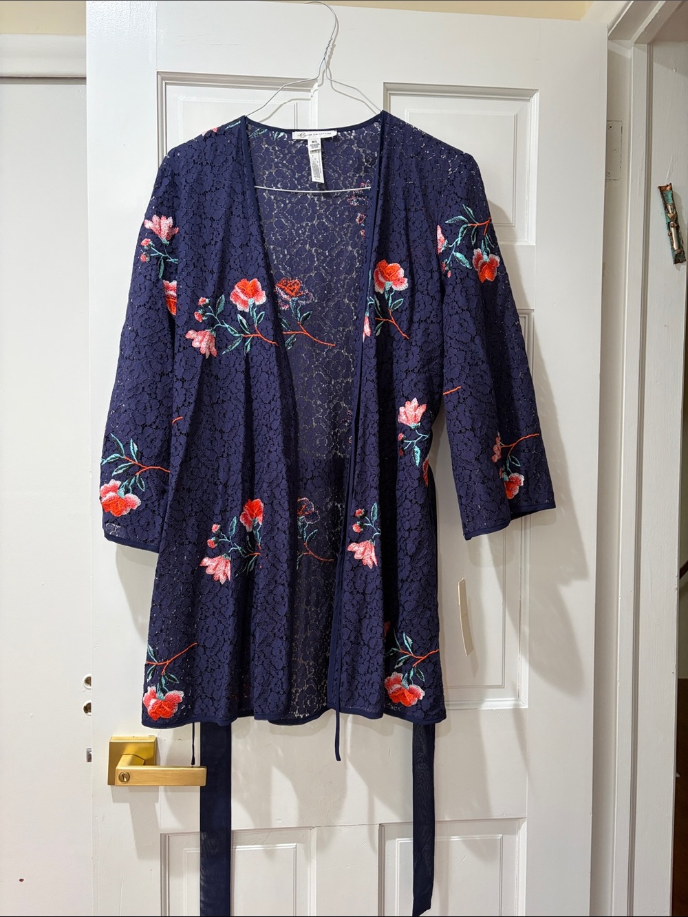 Navy Floral Lace Robe with Embroidered Flowers